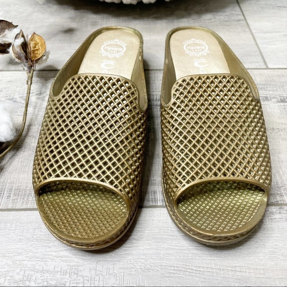 Jeffrey Campbell Fling 2 Metallic Jelly Wedge Sandals Gold Size 9 - Picture 4 of 7